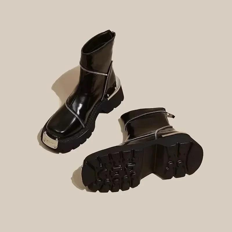 Women's Shoes On Sale Fashion Zipper Women's Boots Winter Round Toe Solid Short Barrel Platform Chunky Heels Ladies Boots