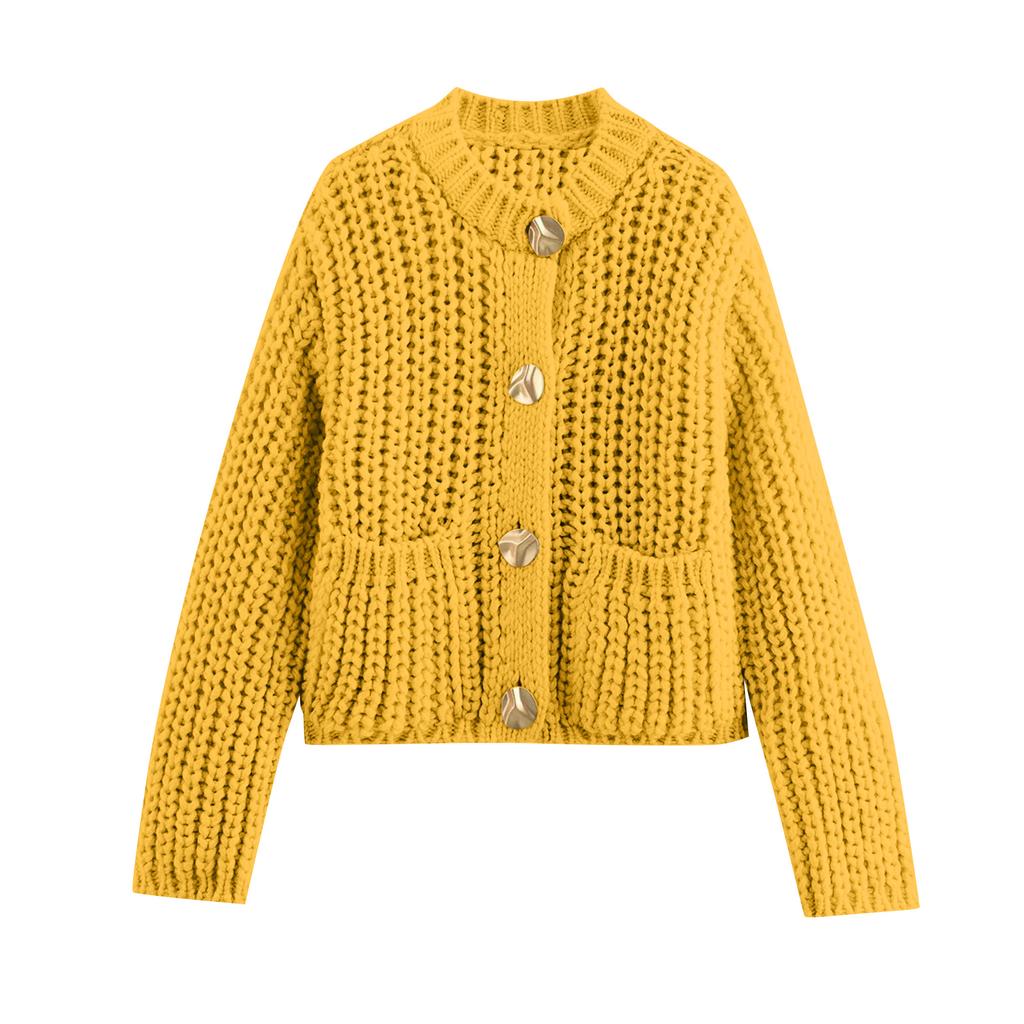Women's Solid Color Coarse Needle Pocket Button Knit Cardigan Long Sleeved Sweater Jacket