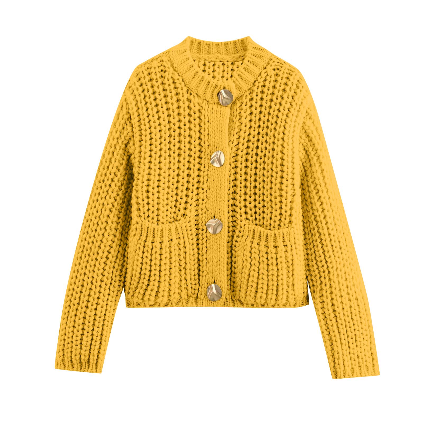 

Женский однотонный кардиган крупной вязки с карманами на пуговицах, свитер-жакет с длинными рукавами One Size жёлтый
