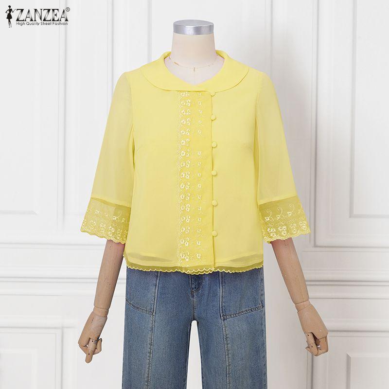 ZANZEA Damen Lässige Sommerbluse mit 3/4-Ärmeln und Spitzen-Patchwork