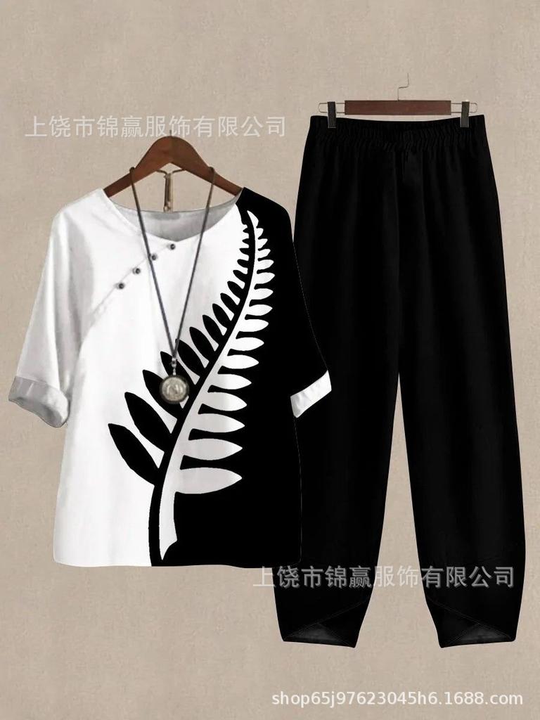 Spring and summer national style bamboo leaf plant printed women's clothing, breathable round neck medium sleeve top, elastic waist loose eight-point