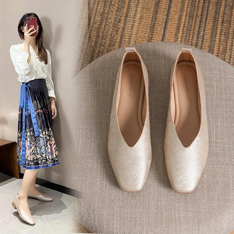 Woman Fashion Summer Square Toe Gold Green Flats Elegant Female Printing Texture Casual Buckle Mary Jane Shoes Big Size 34-43