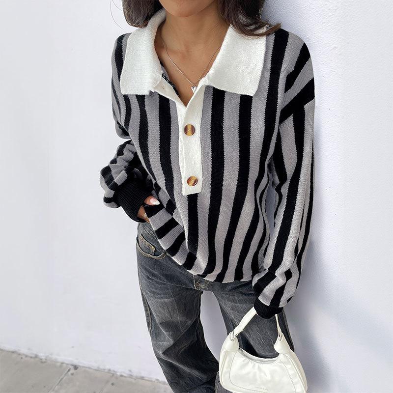 New Neutral Style Vertical Striped Lapel Knitted Pullover Sweater for Women in Autumn and Winter