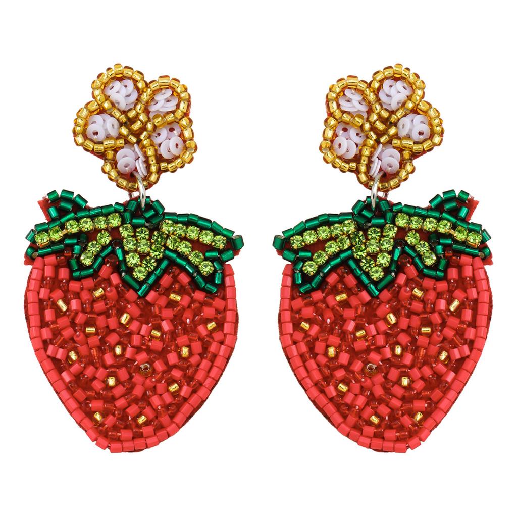 Cute Fruit Beaded Rhinestones Earrings Exquisite Beaded Strawberry Flower Drop Ear Studs Unique Earrings for Party Wear