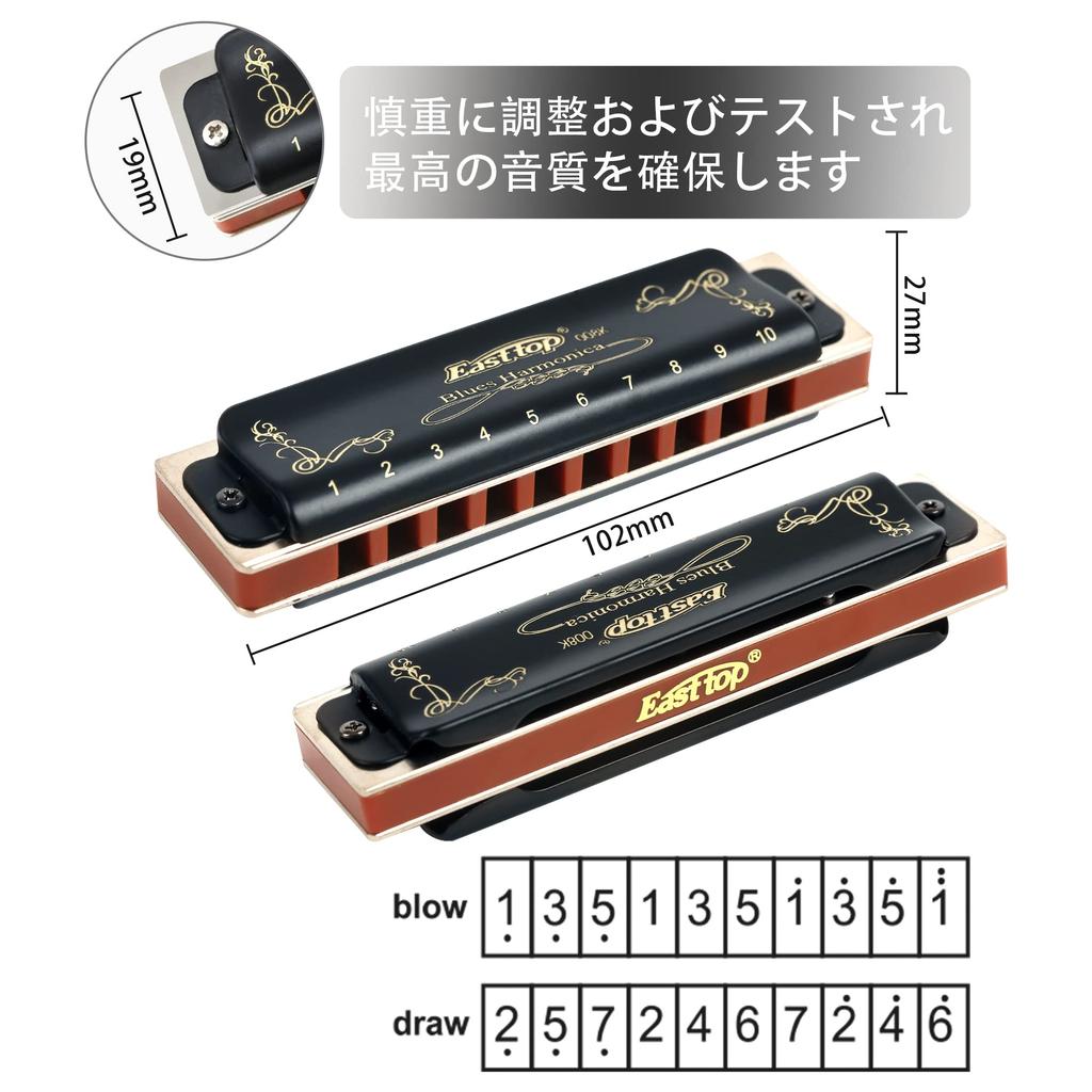 East Top Blues Harmonica In D 20 Brass Canvas and Cleaning Perfect for and Diatonic Harmonica 10-Hole Key, Tones, Cover, Case, Cloth, Beginners,
