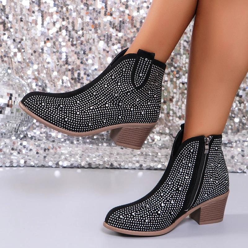 

Модные женские ботильоны на высоком каблуке2025 Высокое качество Осенние ботинки на молнии Женские ботинки на толстом каблуке Модные блестящие ботинки Женские ботинки Mujer 40