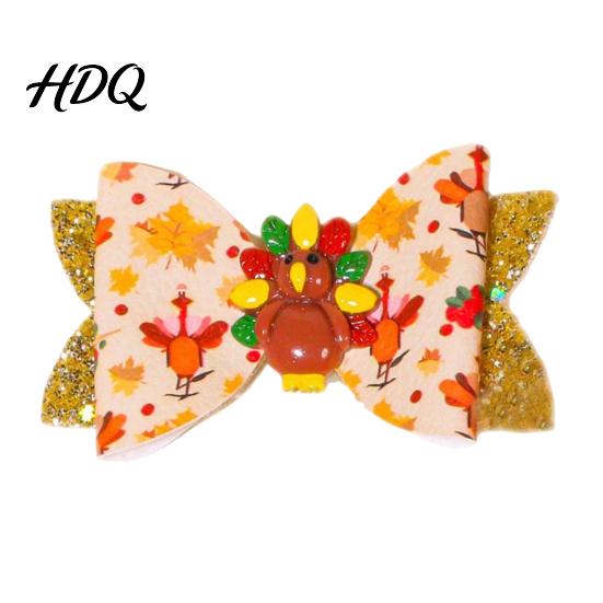 Faux Leather Hair Clips Thanksgiving Turkey Bow Clip for Girls Decorative Pins Bows Double Layer Glitter Clip Cute Autumn Holiday Party Accessories