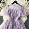 Summer Lace Hook Flower Embroidered Bubble Sleeve Dress for Womenfashion Slim Waist Dress Female A-line Cake Party Retro Dress