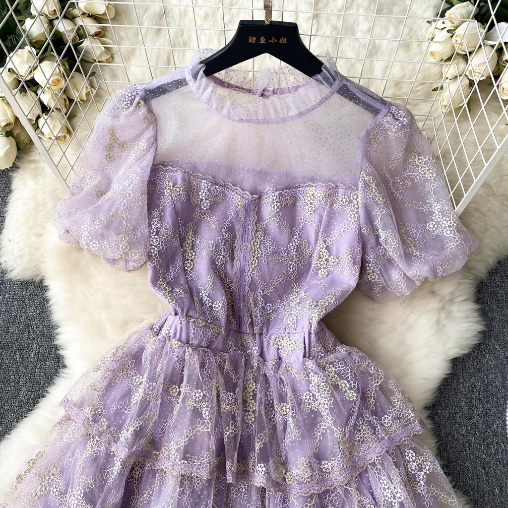 Summer Lace Hook Flower Embroidered Bubble Sleeve Dress for Womenfashion Slim Waist Dress Female A-line Cake Party Retro Dress