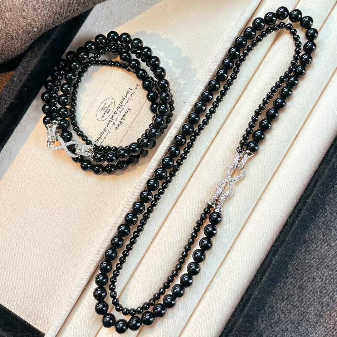 

Vintage Natural Black Agate Double Layer Removable Necklace Collarbone Chain Sweater Chain