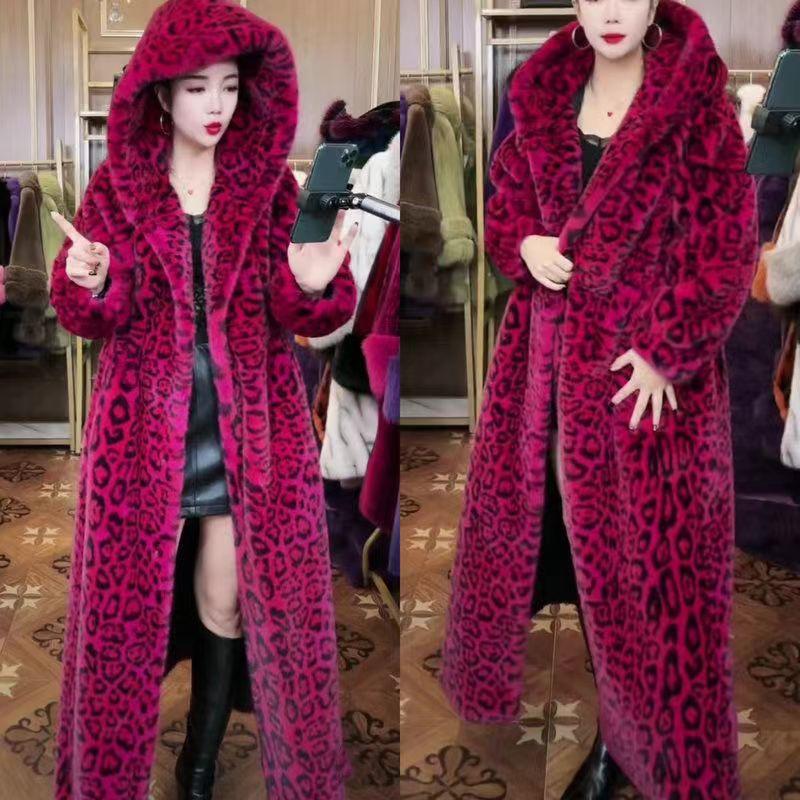 Extra Long Leopard Print Faux Fur Coat - Plus Size Women's Winter Cotton Coat