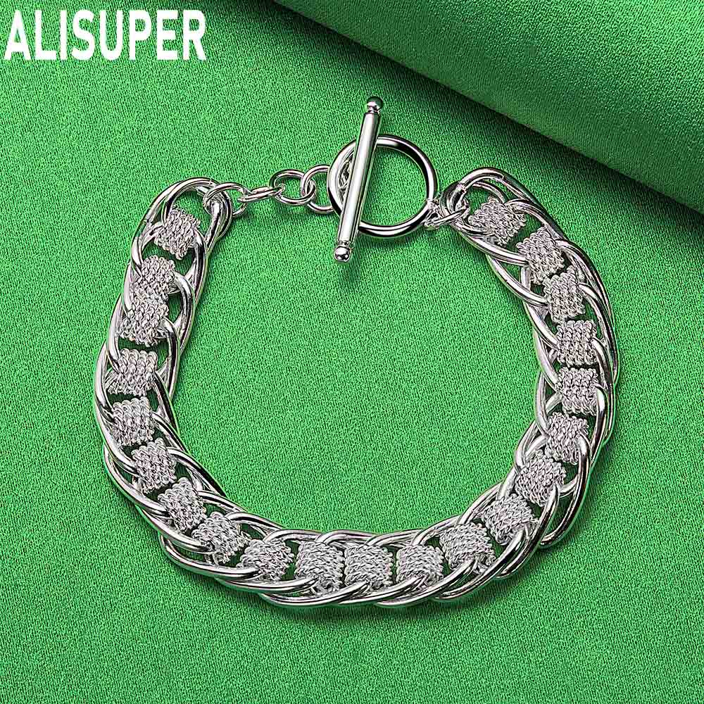925 Sterling Silver Mesh Diamond Pattern Connecting Side Chain Simple Bracelet Gift Jewelry