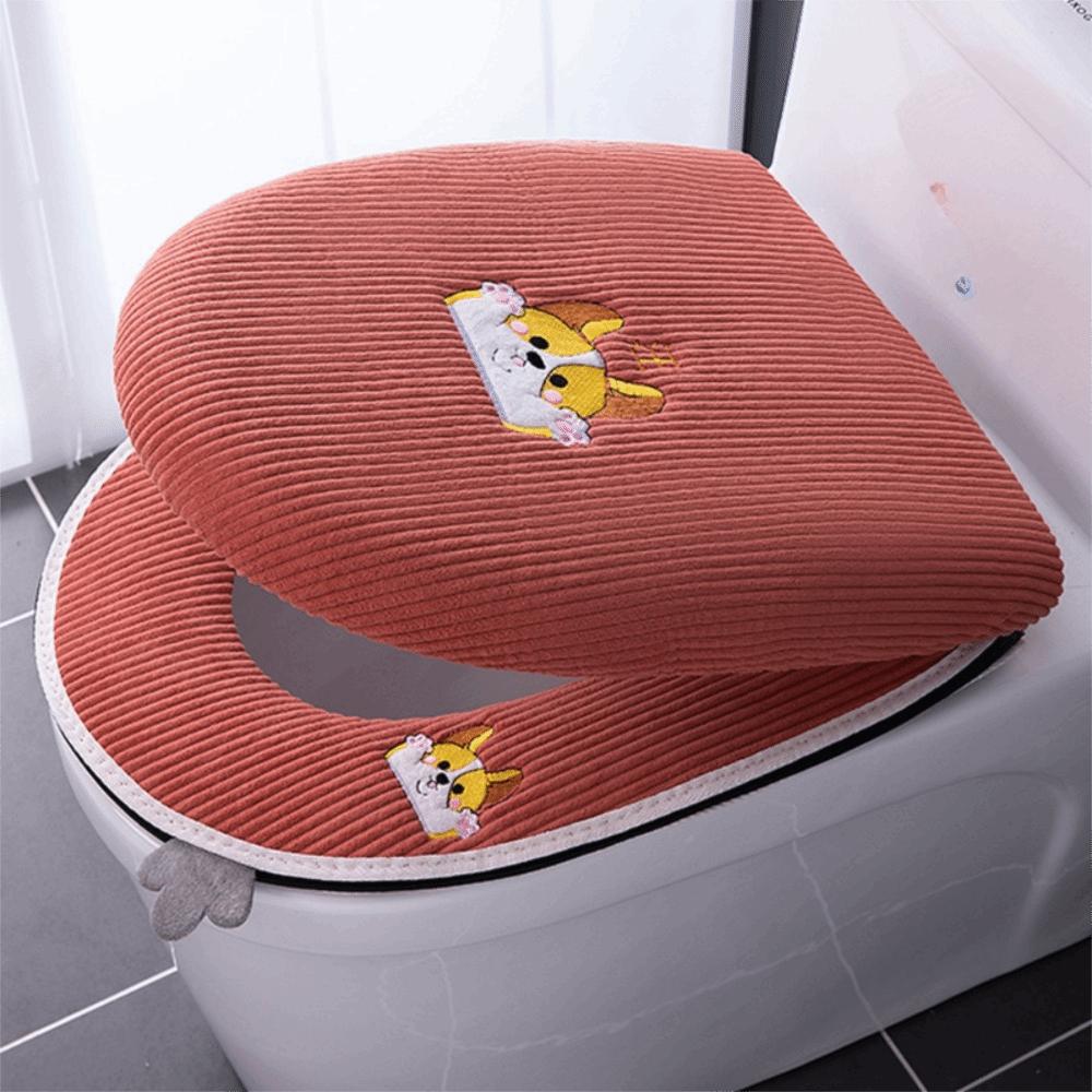 2PCS/Set Cartoon Embroidered Toilet Seat Cover Plush Warm Closestool Cover Zipper Protector Soft Toilet Seat Cushion