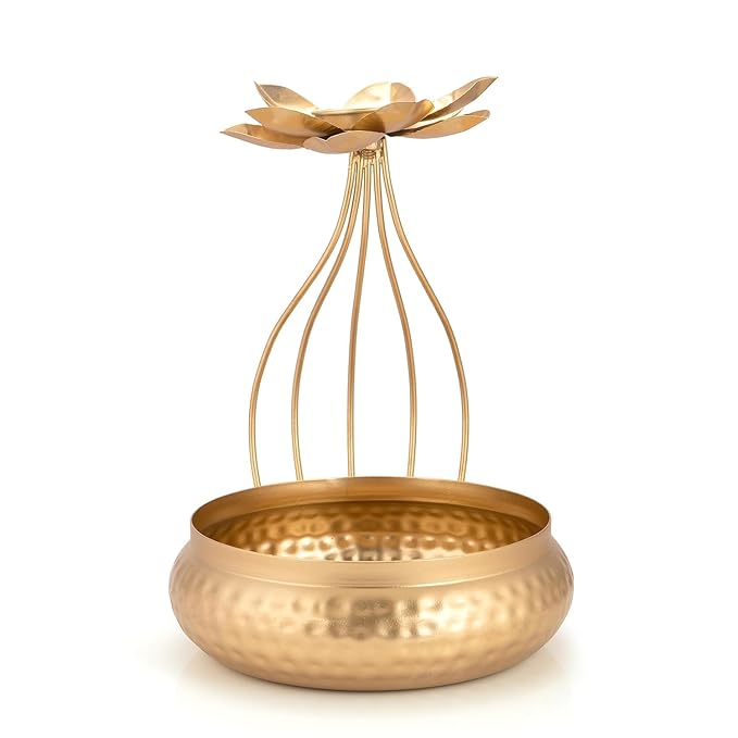 Metal Lotus Tealight Candle Holder for Diwali Decoration Items with Base of Urli Bowl -Diwali Gift Items-Urli Bowl for Home Decor