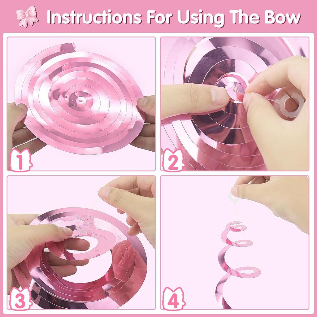 25 Pcs Pink Bow Birthday Party Decorations Glitter Happy Birthday Banner Garland Pink Hanging Swirls Bow Themed Party Decor Streamers for Girls Women