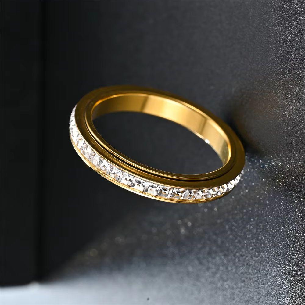 Fashionable Stainless Steel Rotatable Ring with Small Square Diamond Niche Decompression Design - Trendy Accessory