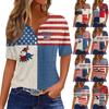 Women's Fashion Casual Independence Day Print V-Neck Short Sleeve Button-Up T-Shirt Top