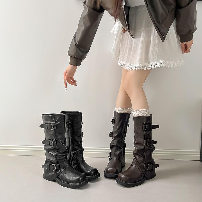 Western cowboy knight boots women's 2025 new retro thick heel inner height increase pleated stacking boots long trouser tube boots