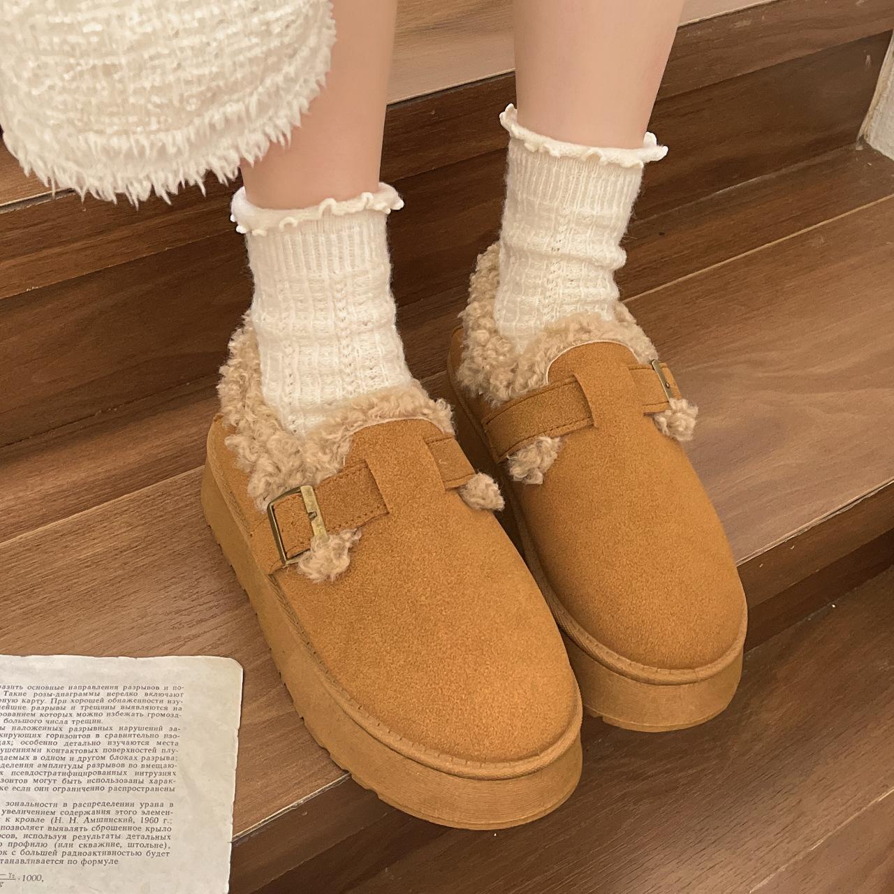 

Корейская версия пушистой обуви на толстой подошве для женщин 2024 года, новая верхняя одежда с круглым носком, теплая и бархатная модная повседневная хлопковая обувь 40