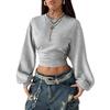 Damen Langarm Crop Top Hoher Hals Raffung Vorne Lässig Einfarbige Streetwear Pullover