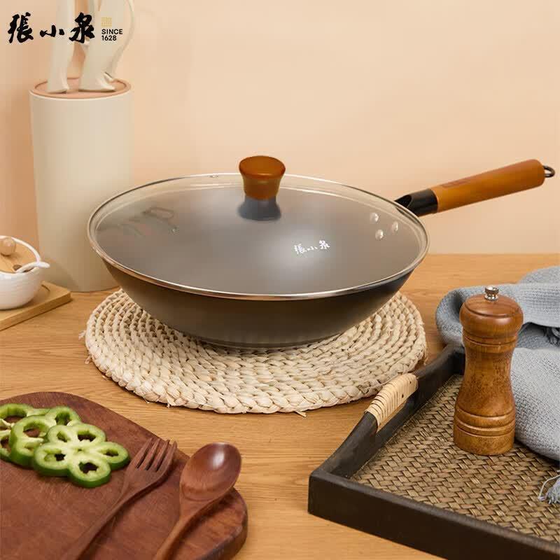 Zhang Xiaoquan 32cm Round Bottom Iron Wok with Lid