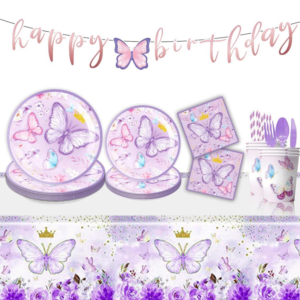 Purple Butterfly Themed Party Tableware Set: Includes Tablecloth, Plates, Cups, Napkins, and Decorations. Perfect for Birthday Celebrations.