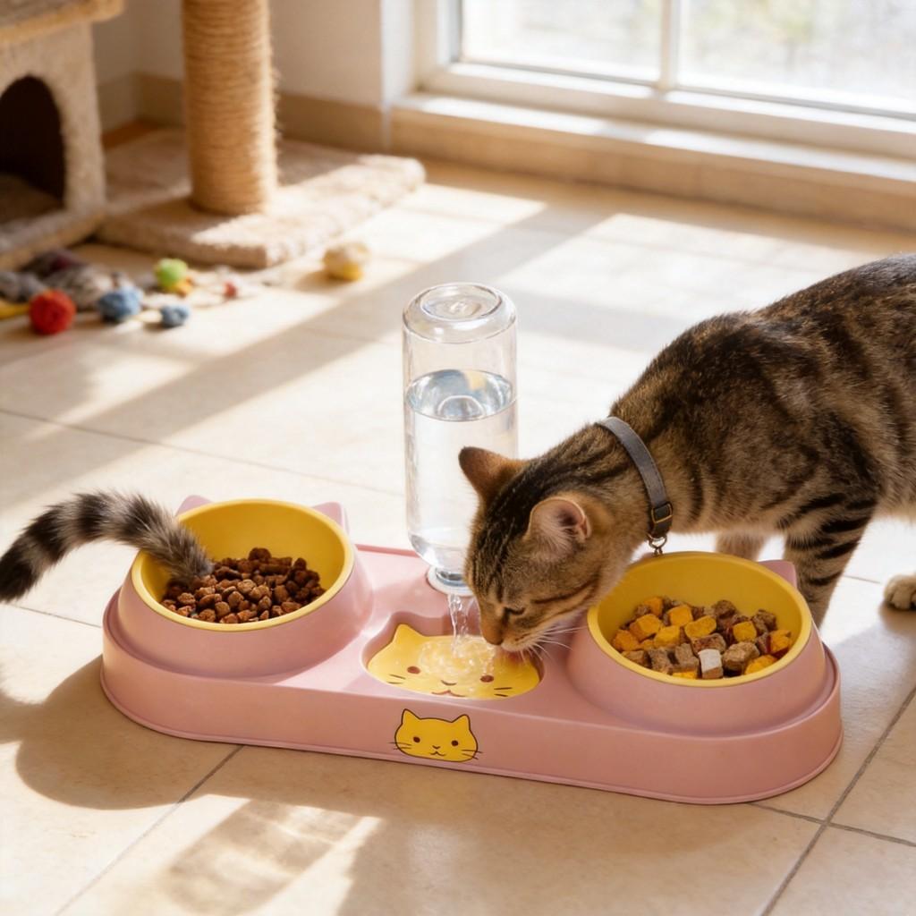 Pet Cat Food And Water Bowl Set With Antispill Design For Home Use