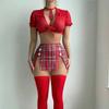 Sexy Lingerie Passion Temptation Uniform Top Plaid Short Skirt Thong Three-piece Set