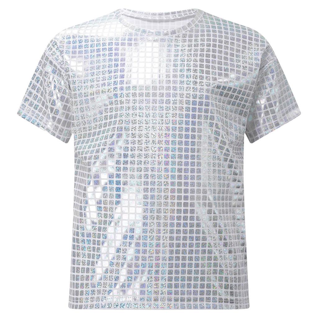Unisex Kids Shiny Plaid Sequins T-shirt Round Neck Short Sleeve Cheerleading Dance Top