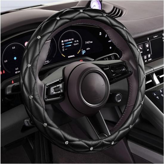 Diamond Soft Leather Bling Steering Wheel Cover, Universal Car Steering Wheel Protector with Crystal Rhinestones, 15 Inch Anti-Slip Interior