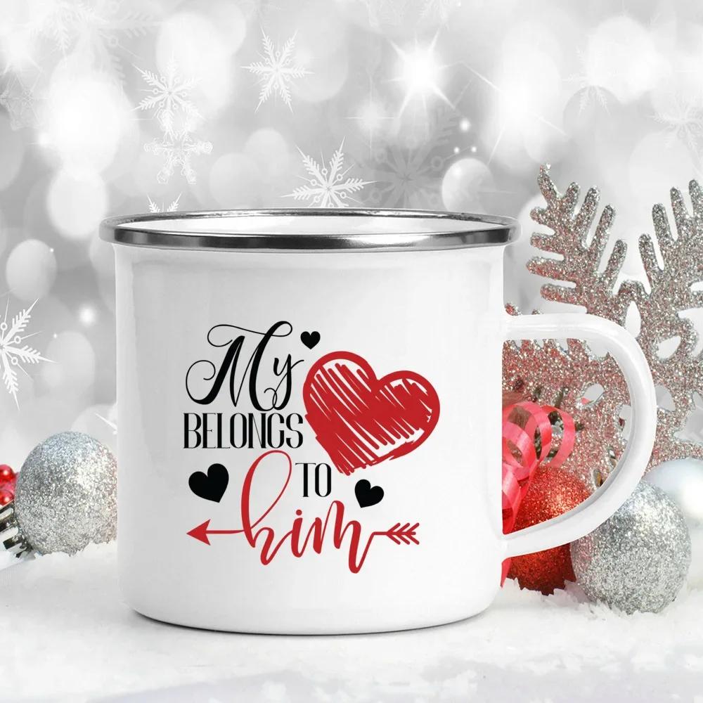 My Heart Belong To Her/him Printed Couples Mugs Creative Coffee Wine Couple Cups Drinks Dessert Milk Enamel Cup Valentines Gifts