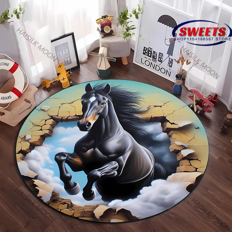 Super Shocking 3D Space Art Horse Printed Round Rug, Chair Carpet, Children Playing Mat Living Room Bedroom Rug,Non-slip Doormat