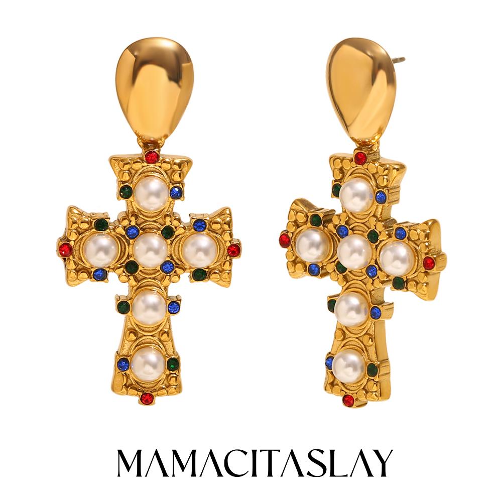 MamacitaSlay Vintage Imitation Pearls Cross Drop women's earring Tarnish Free stainless steel jewelry women Accessories