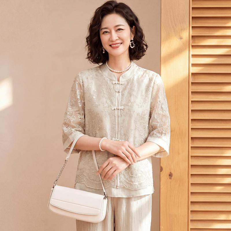 Datang Furen Women's Summer Embroidered Mesh Blouse & Trousers Set