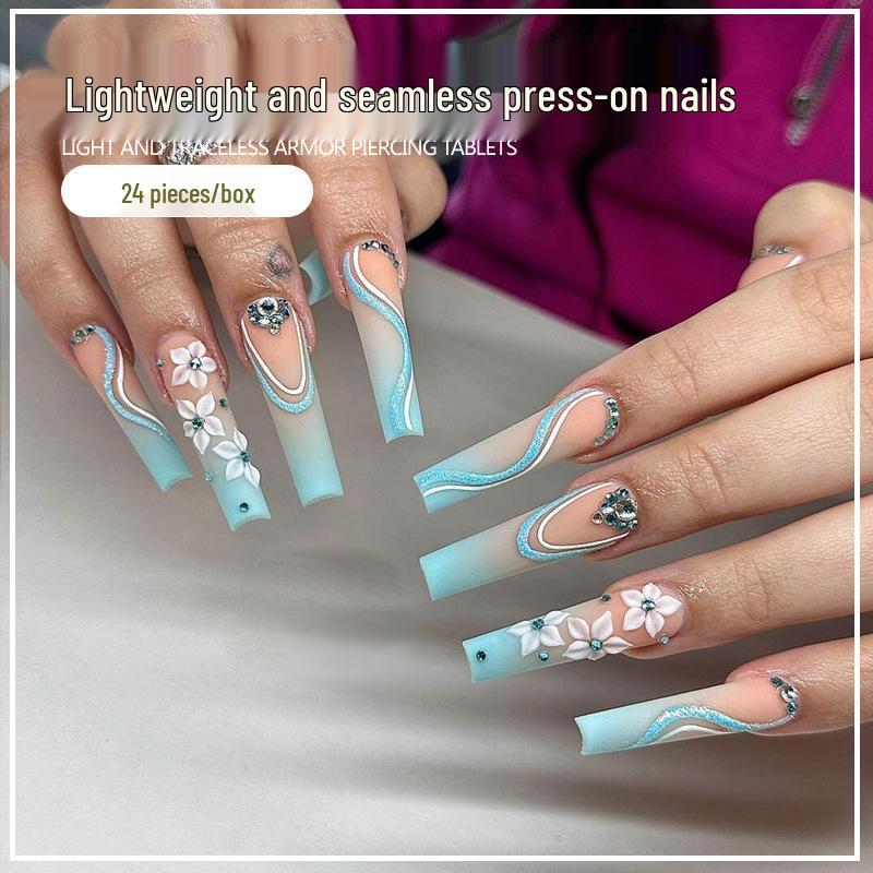 

Extra Long Trapezoid Wearable Nails with Frosted Floral and Butterfly Designs Gilded Glue Style