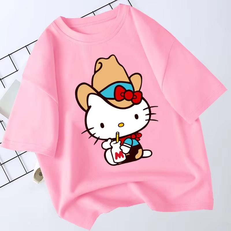 

2026Hello Kitty Cartoon Printed Childrens Top Short Sleeved Pure Comfortable and loose childrens and parents clothing Tshirt S