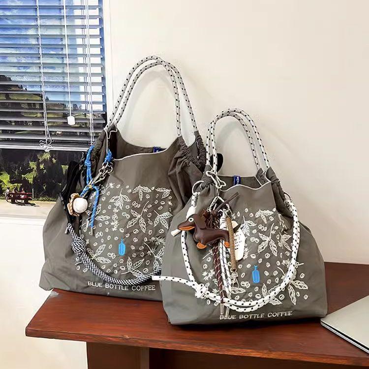 Japanese-Style Embroidered Large Capacity Fashionable Nylon Eco Shopping Bag - Versatile Commuter Handheld/Shoulder/Crossbody Tote