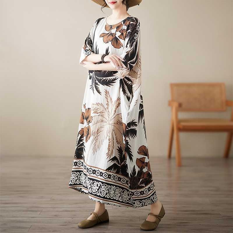 Summer Literary and Retro Middle-aged and Elderly Mother Clothing Cotton and Linen Positioning Flower Round Neck Loose Dress Women
