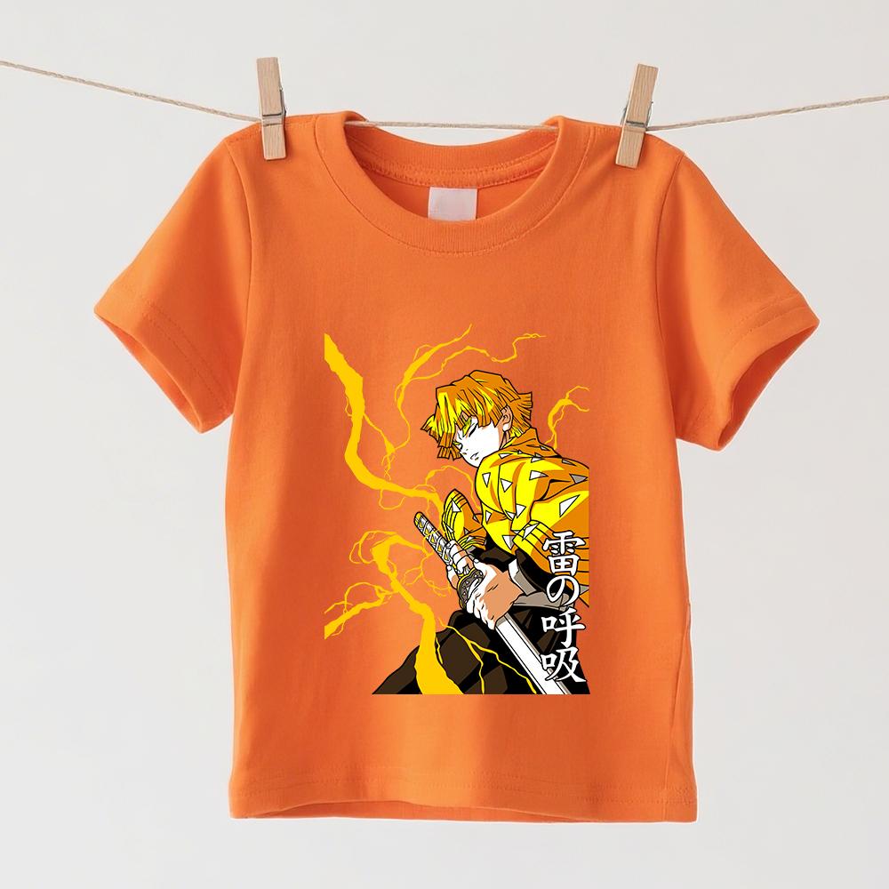 Demon Slayer Zenitsu Anime Print Cotton T Shirt for Children Boys Girls Summer Short Sleeve Casual Daily Wear Tops