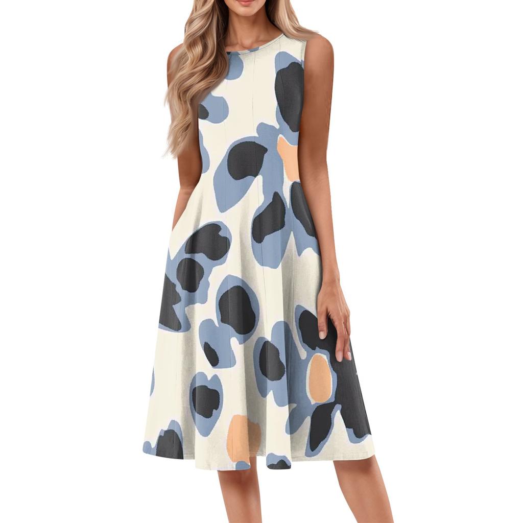 Women's Casual Fashion Floral Print Round Neck Sleeveless Color Midi Dress