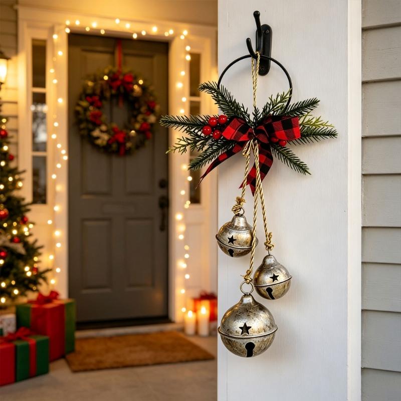 Metal Jingled Bells Christmas Hanging Ornaments Metal Bells Cluster with Tartans Ribbon for Mantels and Entryway Displays