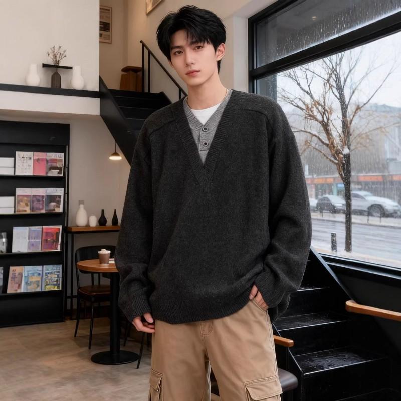Mens V-Neck Knit Sweater Long Sleeve Loose Fit Casual Winter Pullover