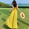 Seaside Vacation Green Neck Dress Women's Summer Sexy Backless Waist Temperament Split Dress