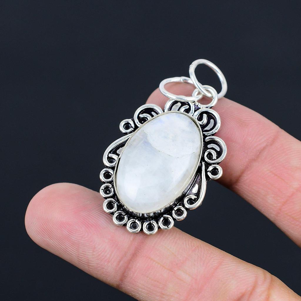 Daughters Day Sale Oval Rainbow Moonstone Stone Trendy Pendant Sterling Silver