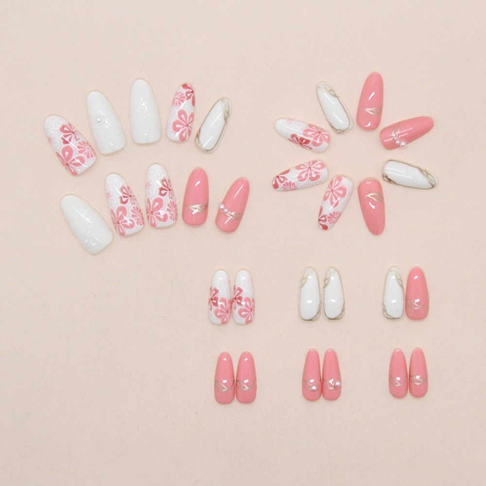 24pcs Manicure Long Almond False Nails Gilded Flower Pearl French Fake Nials Detachable Star Bow Press on Nails Women