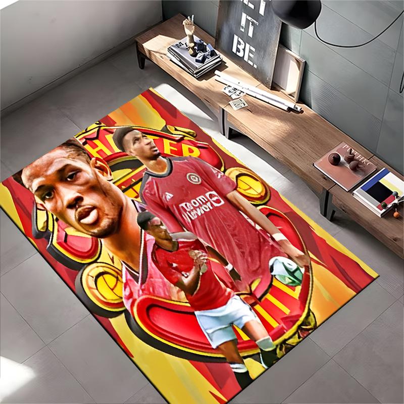Soccer Star Area Rug, Manchester United Player TeamViewer Red Crest Yellow Background Print, Football Fan Decor, Non-Slip Mat