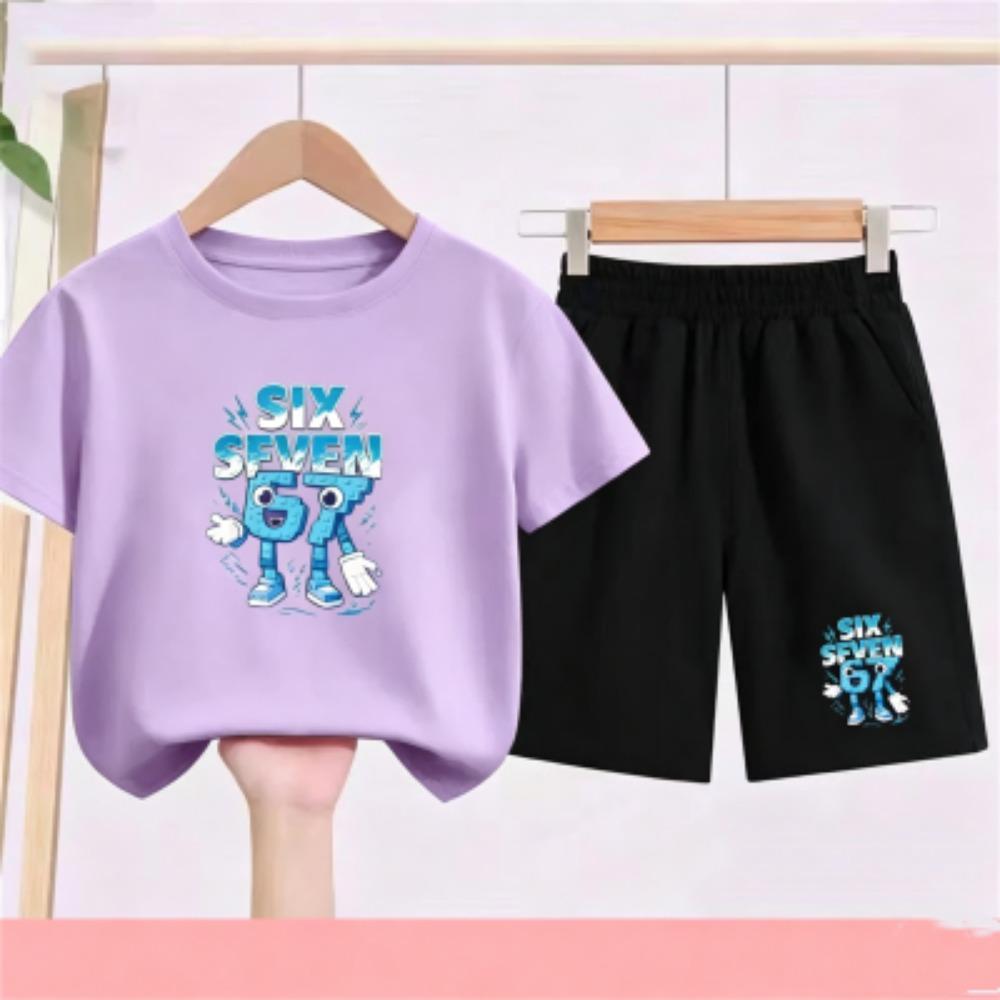 Fashion Cartoon 67 Print Kids Short Sleeve T-shirt Set Girls Boy White Black T-shirt Shorts 2pcs Outdoor Casual Kids Set Clothing