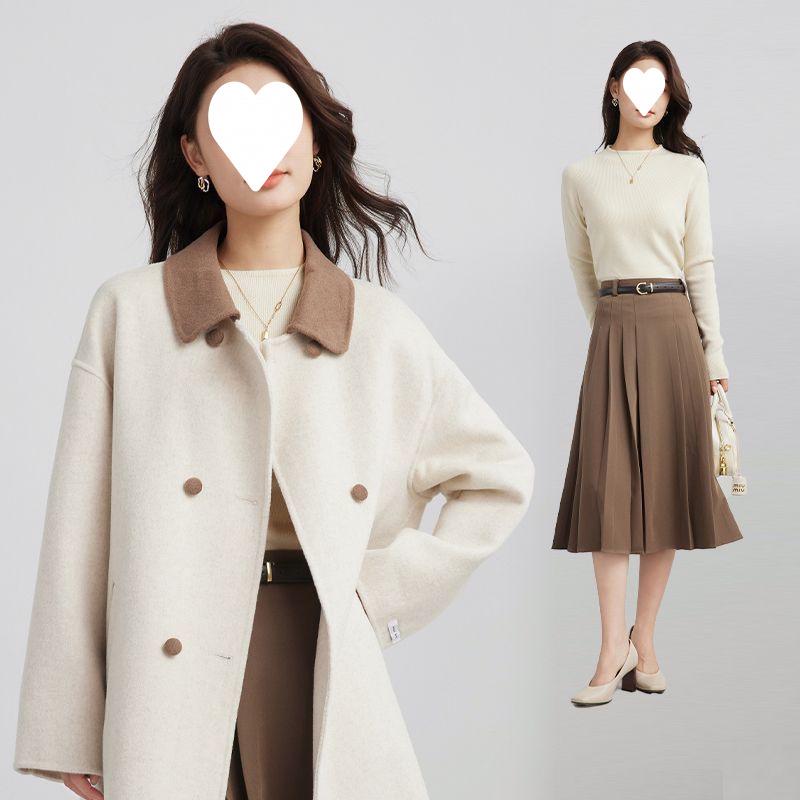 Women's Elegant Beige Woolen Mid-Length Coat, 2025 Winter French Casual, Petite Plus, Thick Outerwear
