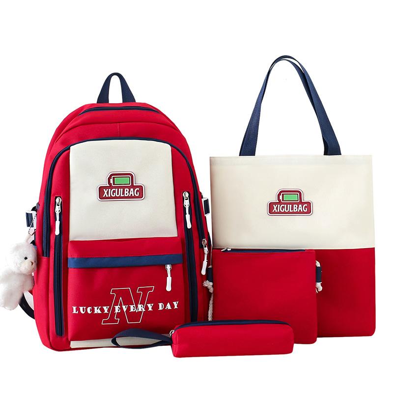 

4 шт., школьный рюкзак, женский рюкзак с цветными блоками, комплект большой вместимости, рюкзак для учащихся средних школ третьего-шестого классов красный