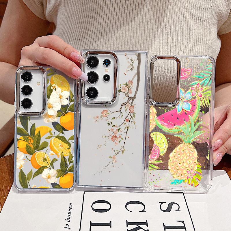 Flowers Fruits Print Case For Samsung S26 S25 Ultra S24 S23 S22 S21 FE A15 A35 A55 A16 A26 A36 A56 A17 A37 A57 5G Plating Lens Clear Soft Cover